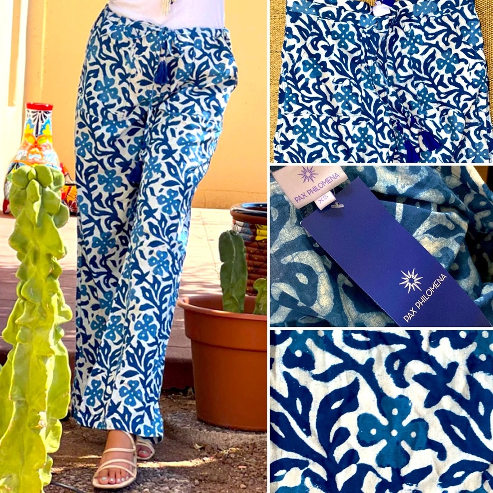 New! Pax Philomena $115 Isadora Floral Batik Cotton Wide Leg Lounge Pants Xs Nwt — image 2 of 8